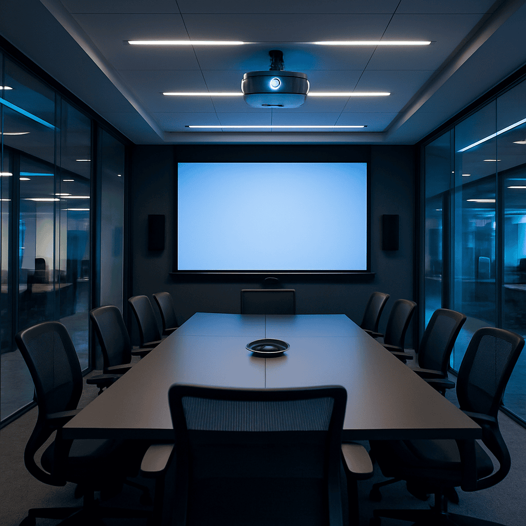 Modern conference room with professional audio visual equipment and video conferencing setup