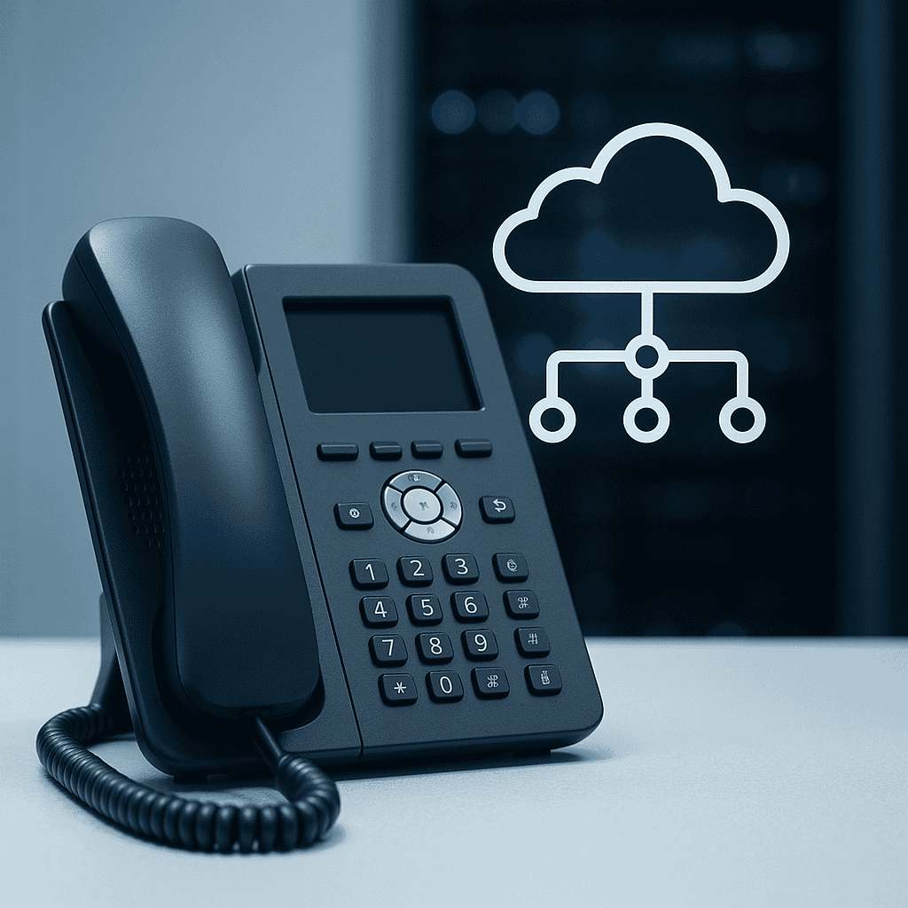 Professional IP telephone system and VoIP business communication setup with modern phone equipment