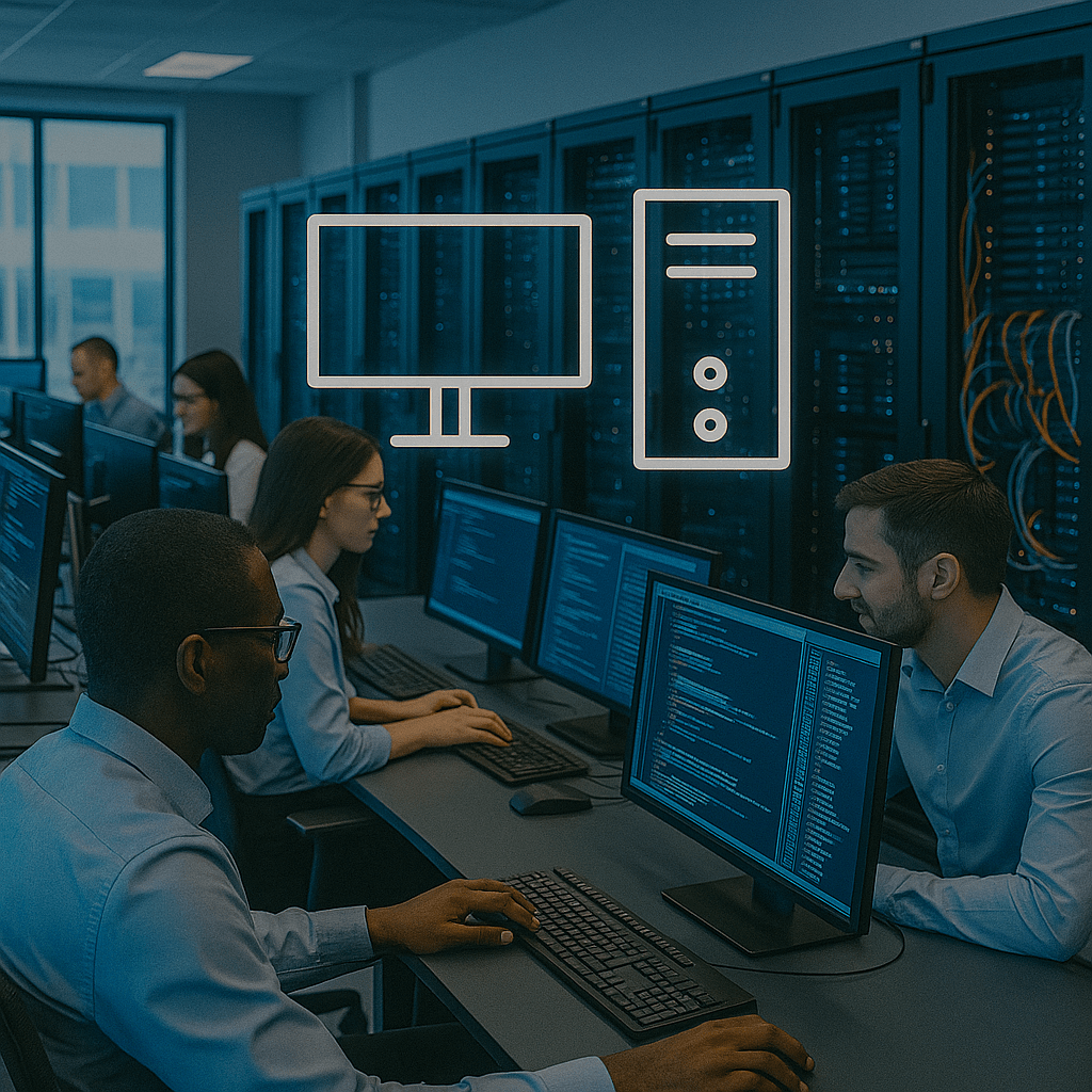 Professional IT server room with modern servers and workstations for business infrastructure